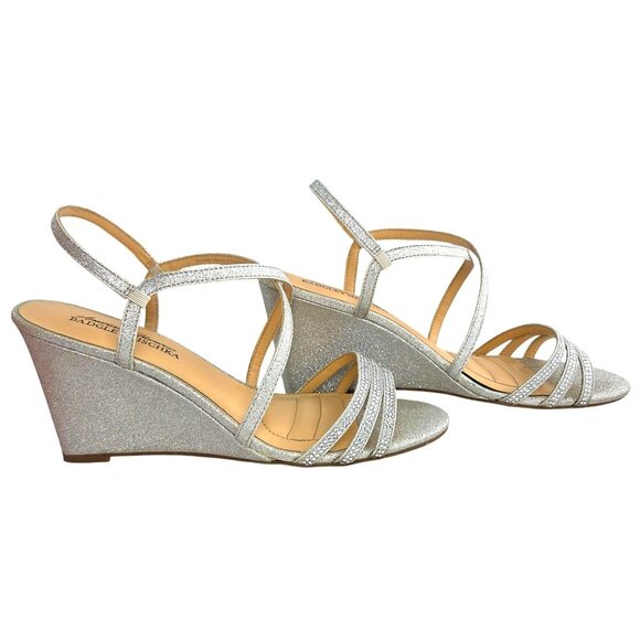 American Glamour by Badgley Mischka Silver Rhinestone Strappy Wedge Sandals 8 - Picture 3 of 8